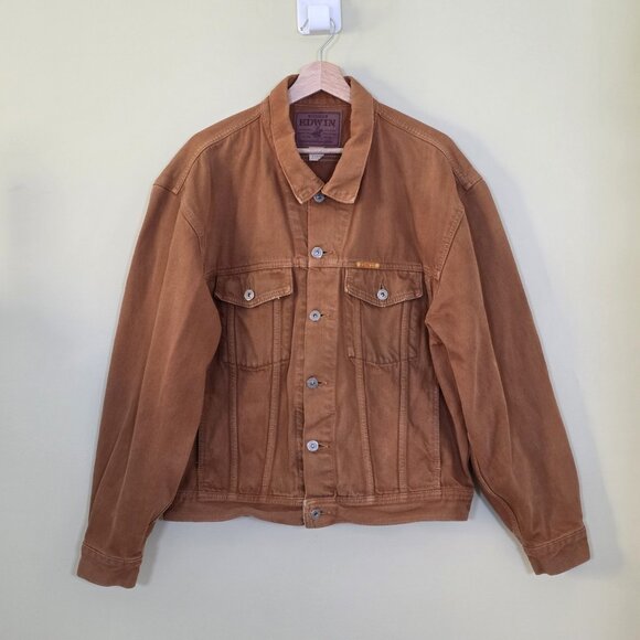 Vtg Edwin Company Ltd Montana Jacket Men L Burnt Orange Denim Oversize Crop FLAW - Picture 1 of 16